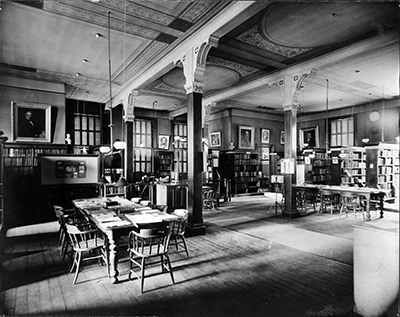 Interior of Old Town Hall 1871. Part of the Edwin B. Worthen Collection at Cary Library Interior of Old Town Hall 1871