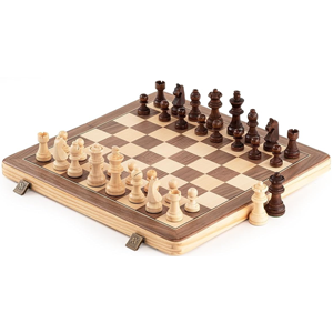 Wooden chess and checkers board and pieces