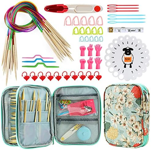 An open colorful fabric bag with a bunch of circular knitting needles and various  knitting items displayed.