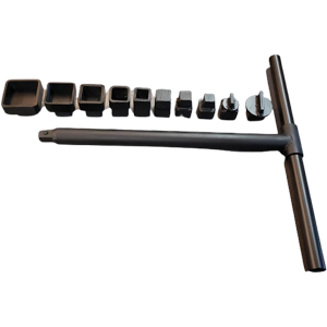 Various sized plugs and a t-wrench.