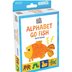 Blue and white card box with orange fish and lettering