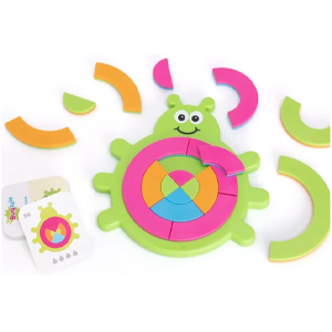 Neon colored pieces fit together forming a charming bug