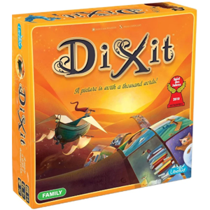 Orange game box cover with a flying boat over dunes scene