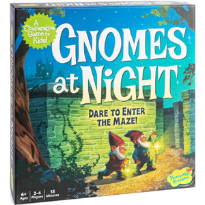 Nighttime scene with two gnomes sneaking into a maze holding a lantern