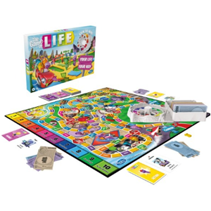 Game box, game board, cards, pieces and spinner