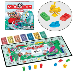 A game board, colorful pieces and money, and box cover