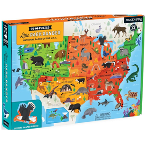 Multicolored map of Unites States with different animals depicting National Parks.