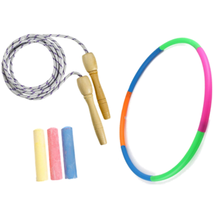 Jump rope, sidewalk chalk, and hula hoop