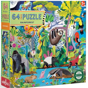 Puzzle box cover with dense scene of drawn rainforest animals