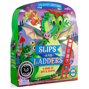 Colorful box with rounded top with a green dragon and red ladder.