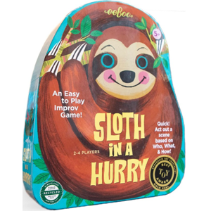 Rounded game box with large picture of brown sloth smiling on cover