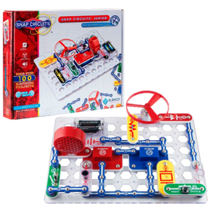 Red and light gray box with plastic board of multicolored pieces