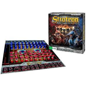 Dark box cover with yellow lettering and a dark board with blue and red pieces