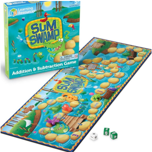 Blue and green box cover with game board open and dice