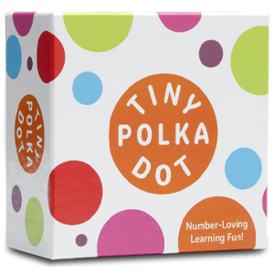 White square game box with colorful polka dots