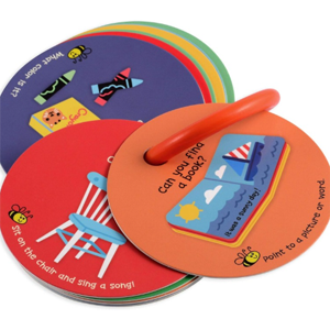 Colorful circular cards depicting objects on a a circular ring