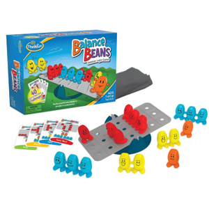 Board game box with colorful cards and groups of beans on a large seesaw.