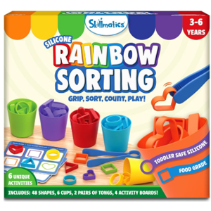 Colorful silicone cups and shapes for toddler sorting and counting activities by Skillmatics.