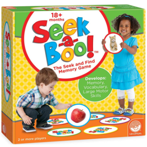 Children playing Seek-a-Boo memory game with colorful cards featuring images like an apple and a kitten.