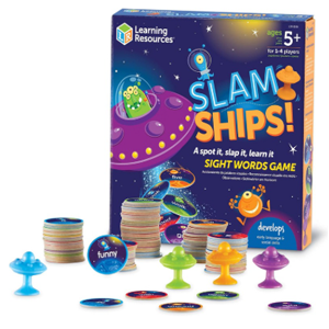 Colorful Slam Ships! sight words game with spaceship-themed tokens and word discs for kids ages 5 and up.