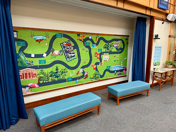 The Idea Wall at Cary Library with open blue curtains shows a road map with different location stops along the way for community reading engagement.