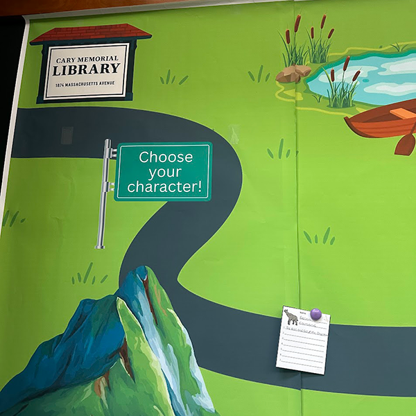 Close up of the start of the road map with the Cary Memorial Library sign as the start, and a stop to "Choose Your Character" shown on the road.