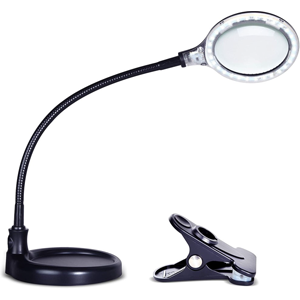 Desk lamp with bendable arm and magnifier and desk clip.