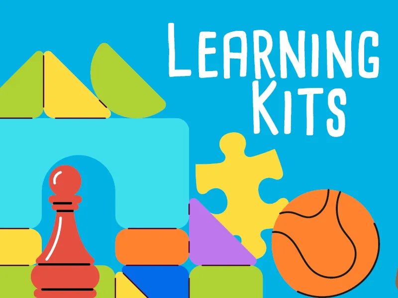 Colorful educational toys including a red chess pawn, puzzle pieces, and geometric shapes with the text 'Learning Kits' on a blue background.