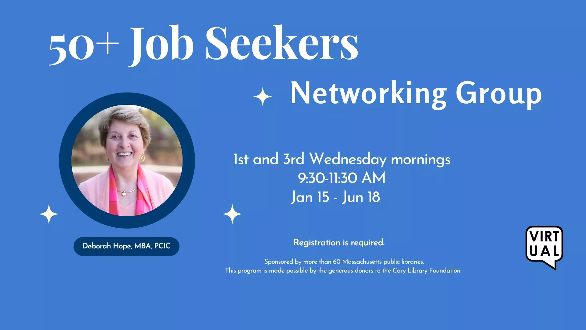 Jan 15-Jun 18, 1st and 3rd Wednesday Mornings at 9:30-11:30 AM - [VIRTUAL] 50+ Job Seekers Networking Group. Registration Required.