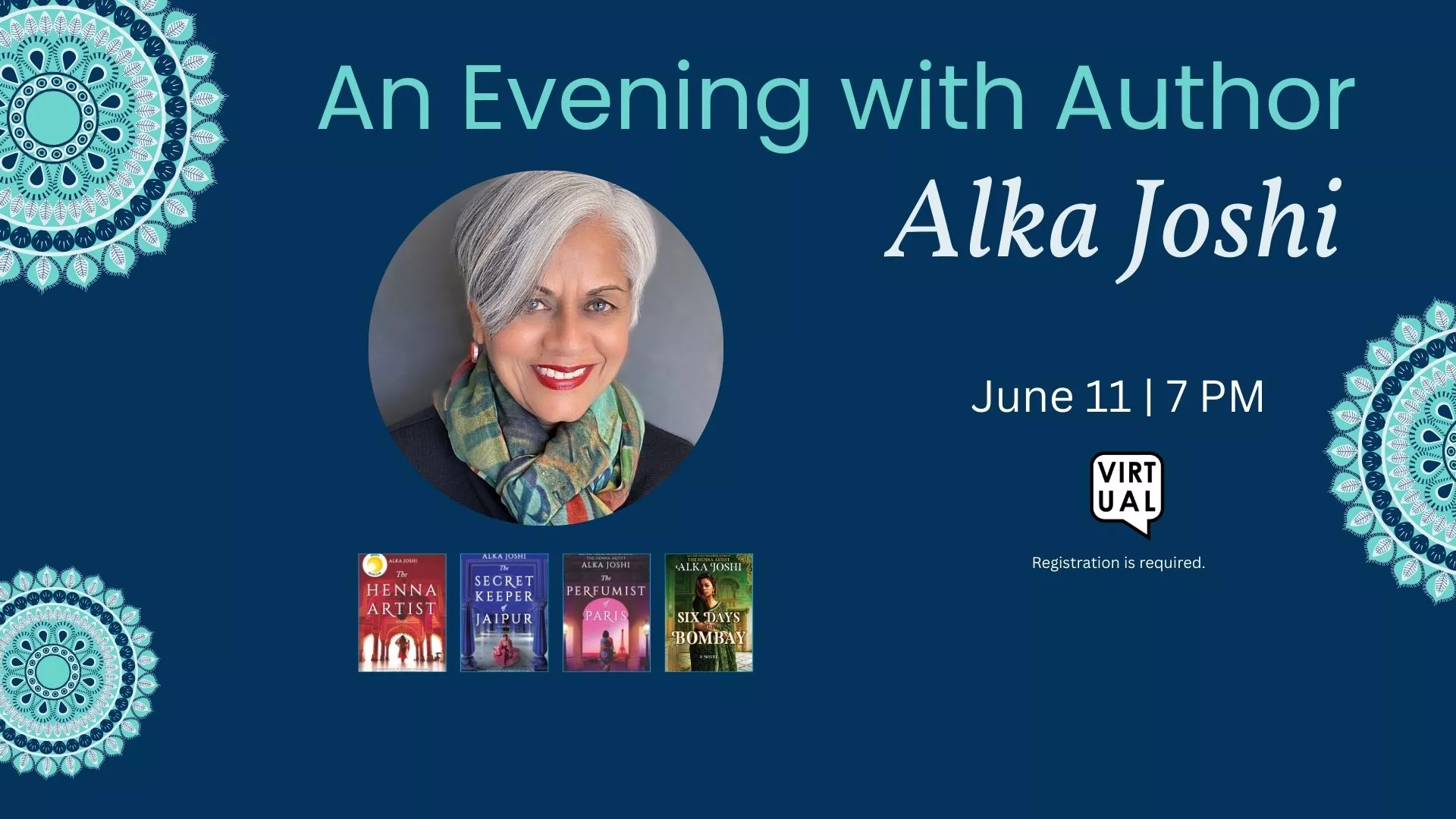 Wed Jun 11 at 7 PM - [VIRTUAL] An Evening with Author Alka Joshi. Registration Required.