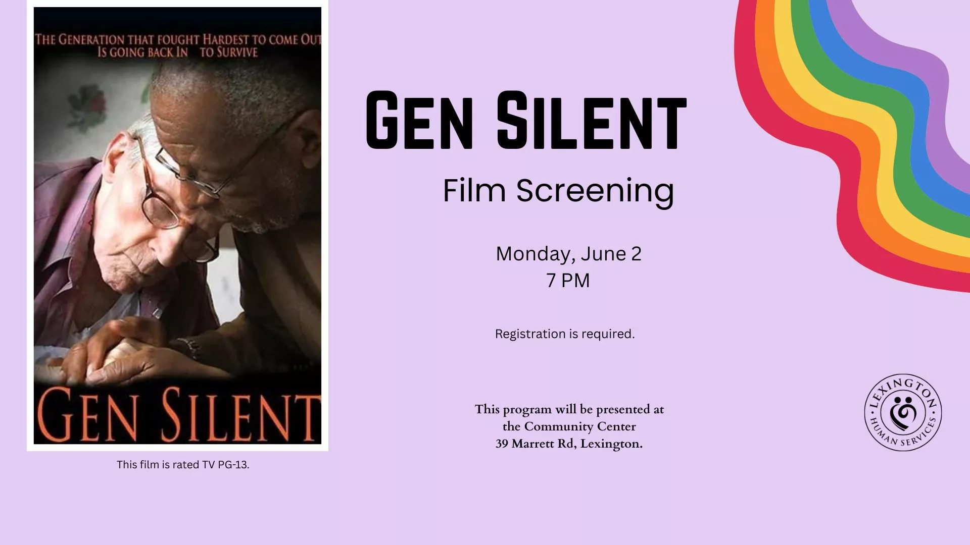 Mon Jun 2 at 7 PM - [OFFSITE] Gen Silent Film Screening. At the Community Center, 39 Marrett Road, Lexington. Registration Required.