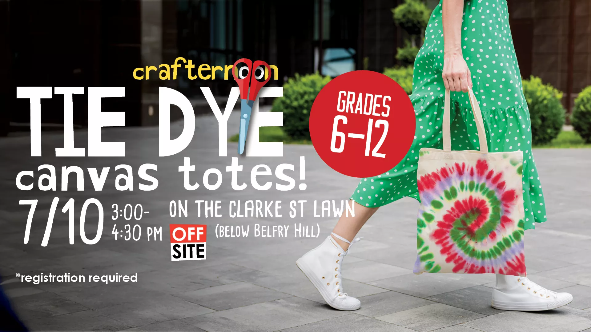 Thu Jul 10 at 3-4:30 PM - [OFFSITE] Teen Crafternoon: Tie Dye Canvas Totes. Grades 6-12. On the Clarke Street Lawn (Below Belfry Hill). Registration Required.