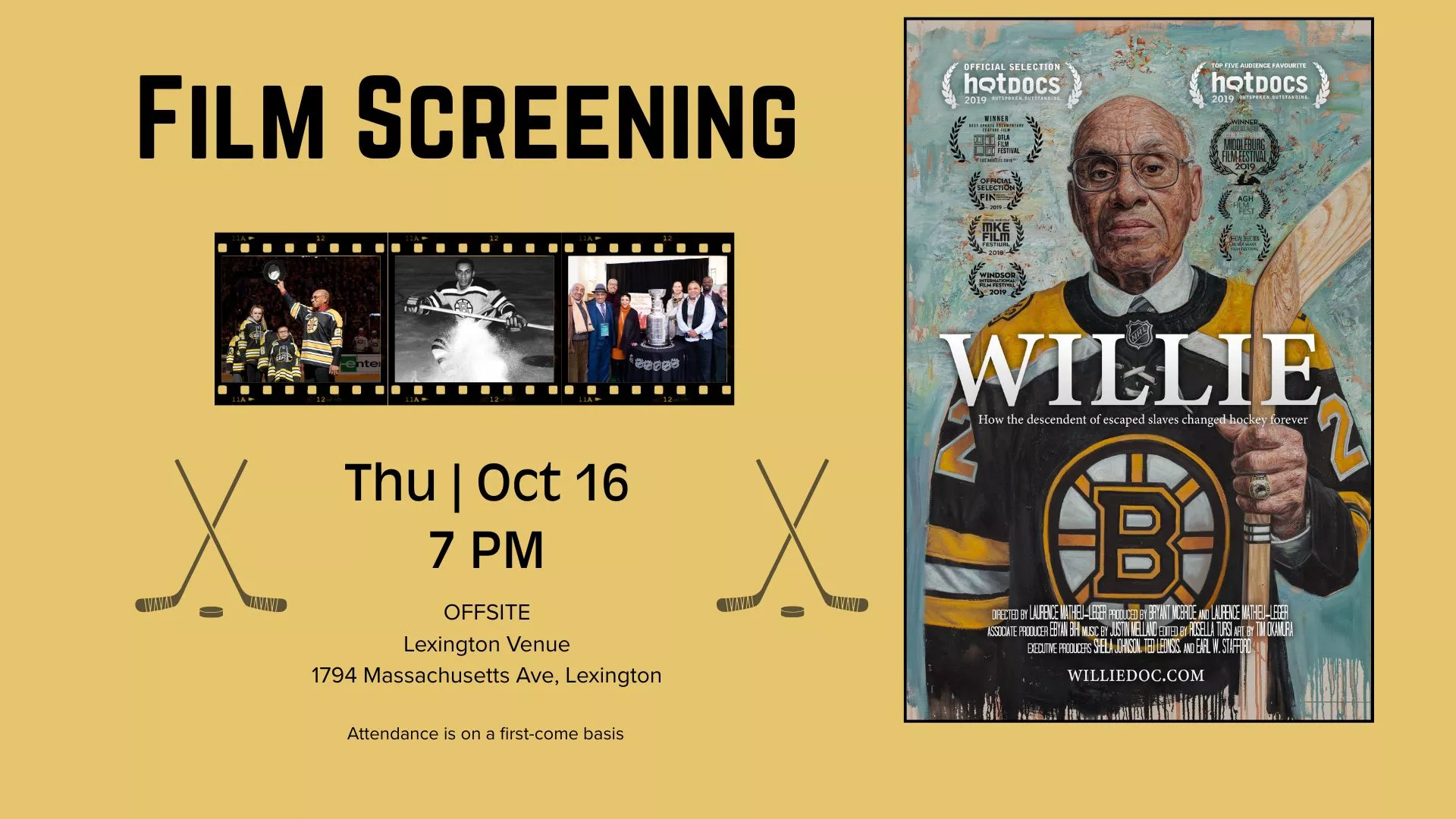 Thu Oct 16 at 7 PM - [OFFSITE] Film Screening: Willie. At Lexington Venue, 1749 Massachusetts Ave. Lexington. Attendance is on a first-come basis.