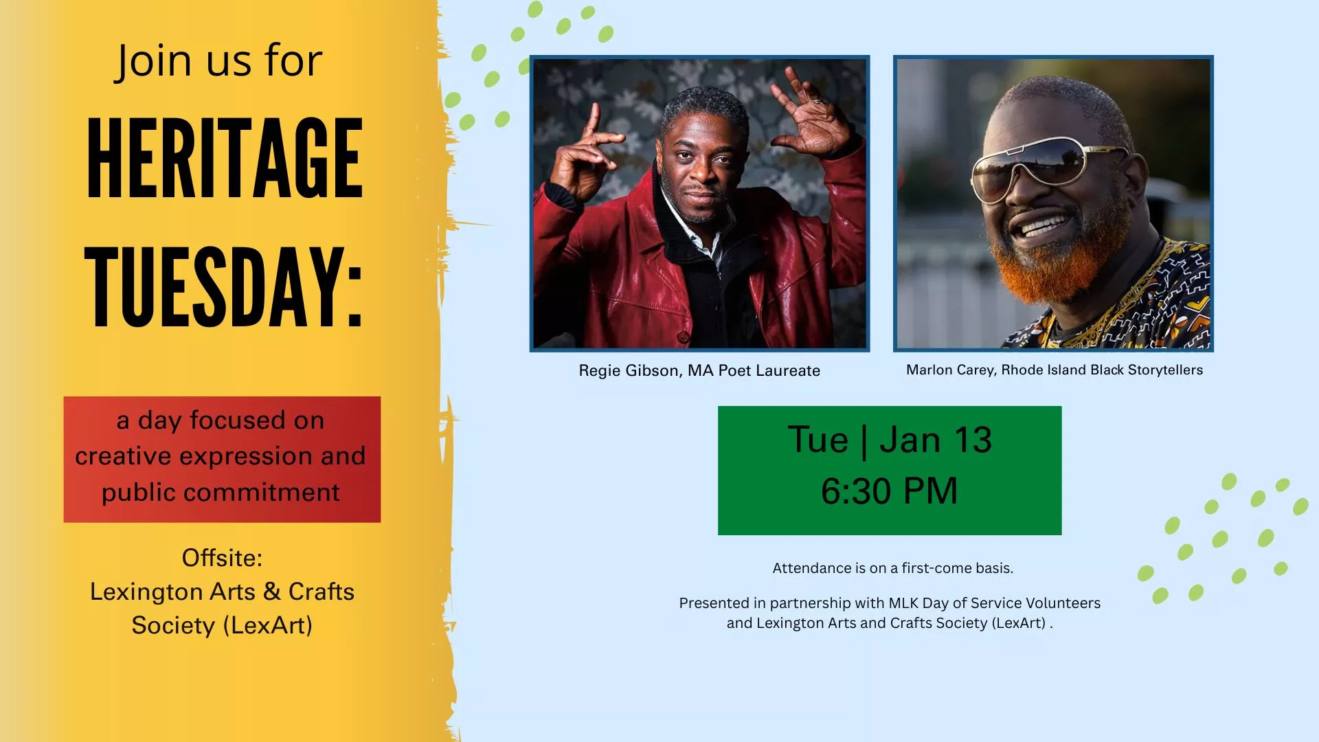Tue Jan 13 at 6:30 PM - [OFFSITE] Join us for Heritage Tuesday: a day focused on creative expression and public commitment. At Lexington Arts &amp; Crafts Society (LexArt).