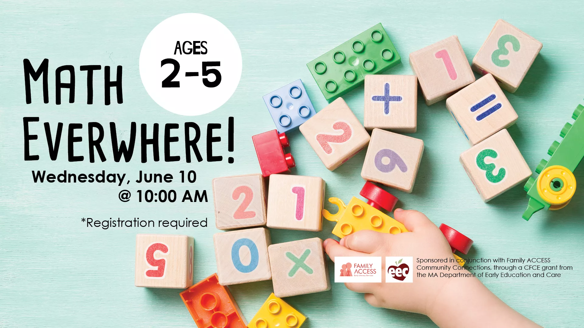 Wed Jun 10 at 10 AM - Math Everywhere! Ages 2-5. Registration Required.