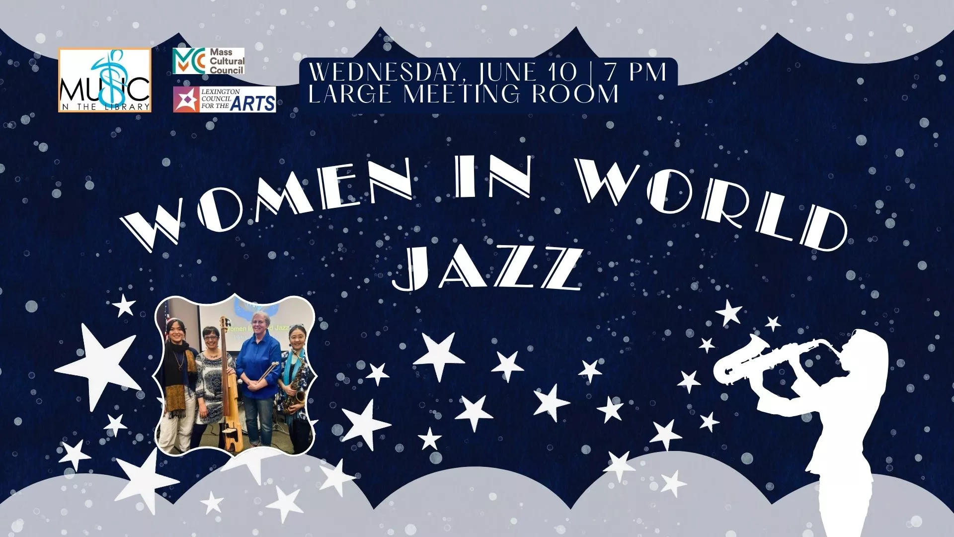 Wed Jun 10 at 7 PM - Music in the Library: Women in World Jazz. In the Large Meeting Room.