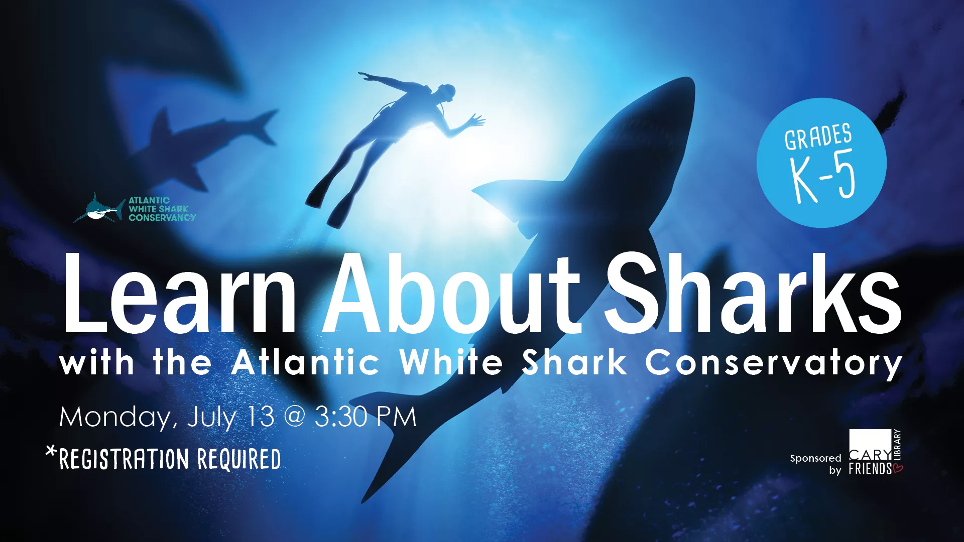 Mon Jul 13 at 3:30 PM - Learn About Sharks. With the Atlantic White Shark Conservatory. Grades K-5. Registration Required.