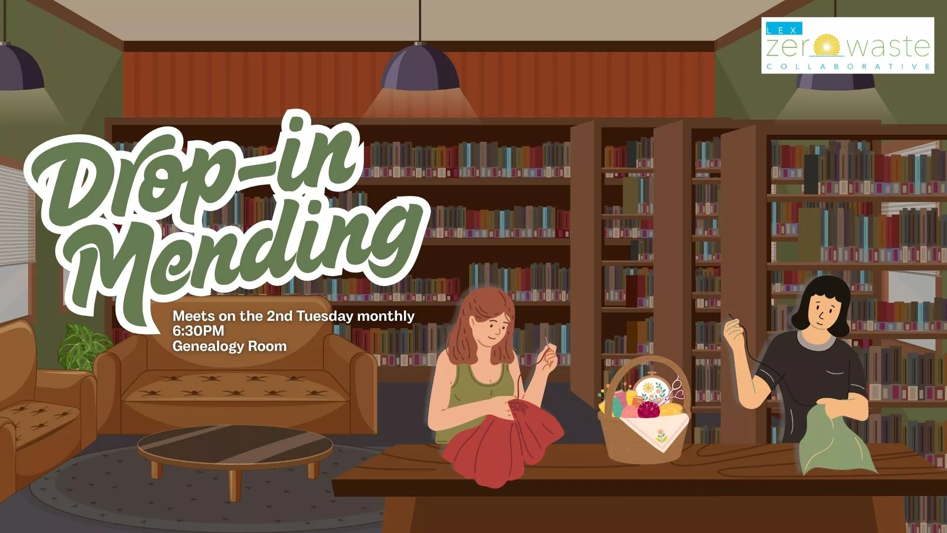 Drop-in Mending. Meets the second Tuesday monthly at 6:30 PM in the Genealogy Room.