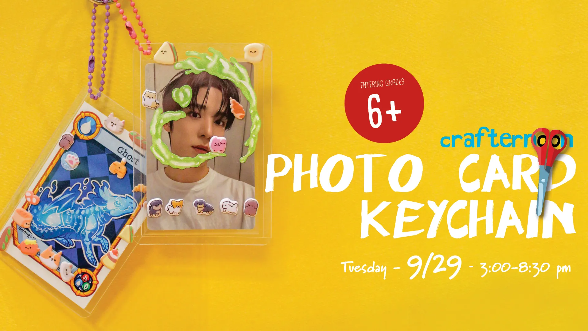 Tue Sep 29 at 3-8:30 PM - Crafternoon: Photo Card Keychain. Entering Grades 6+.
