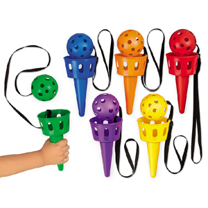 Set of six colored plastic cones with attached matching colored balls.