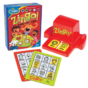 Zingo game box with cards, tags and tag holders.